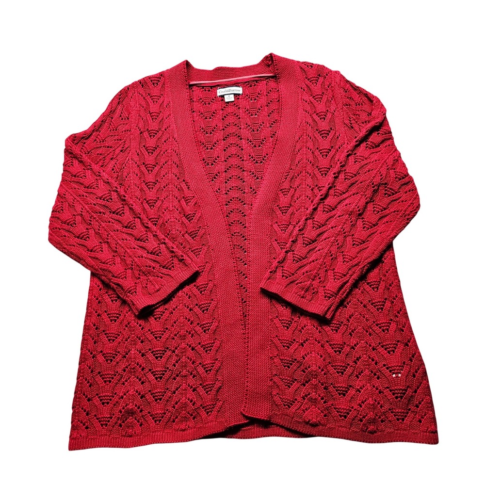 Croft & Barrow Womens Red Pointelle Chevron Open Front Cardigan Sweater Size M